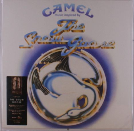 "CAMEL music inspired by The Snow Goose" in blauen, gelben und weißen Buchstaben über einem stilisierten Gans-Design.