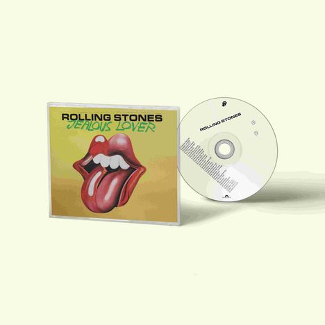 "ROLLING STONES JEALOUS LOVER" auf einer CD-Hülle. Illustration von roten Lippen mit herausgestreckter Zunge.