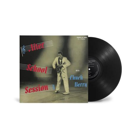 "After School Session" mit Chuck Berry. Schwarz-weißes Cover, Chuck Berry tritt mit Gitarre auf. Vinyl-Schallplatte sichtbar.