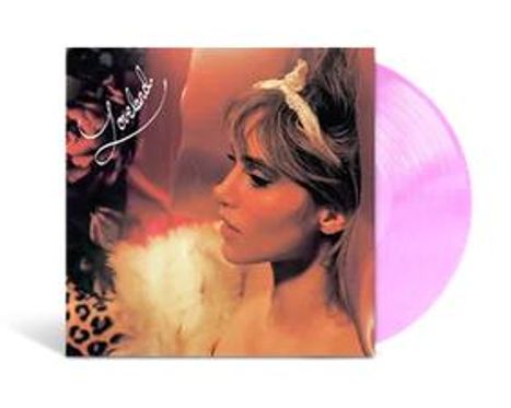Der Text "Lorelei" ist in geschwungener Schrift geschrieben. Eine Frau mit Blumen im Haar, daneben eine rosa Vinyl-Schallplatte.