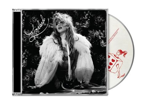 „Loveland“ in eleganter Schrift. Eine Frau mit Federjacke vor einem Hintergrund aus Rosen. CD mit roter Zeichnung.