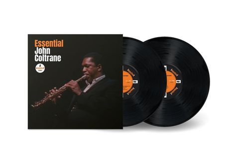 "Essential John Coltrane" steht links oben. Ein Mann spielt ein Saxophon. Zwei schwarze Vinylschallplatten daneben.
