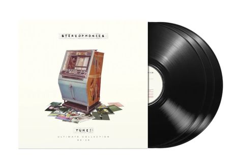 Text: Stereophonics, TUNES, ULTIMATE COLLECTION 98-20. Illustration einer Jukebox mit Schallplatten daneben.