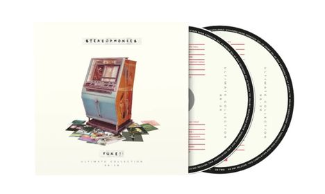 "Stereophonics", "TUNES", "ULTIMATE COLLECTION 96-22." Eine nostalgische Jukebox, umgeben von Platten.