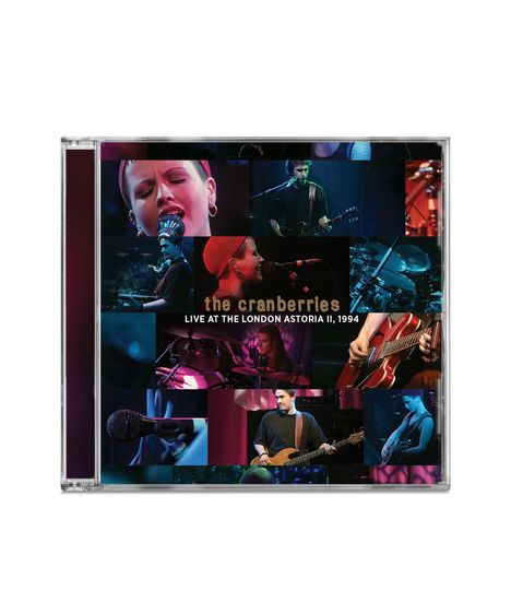 "the cranberries. LIVE AT THE LONDON ASTORIA II, 1994." Collage aus Bandmitgliedern beim Konzert mit Instrumenten.