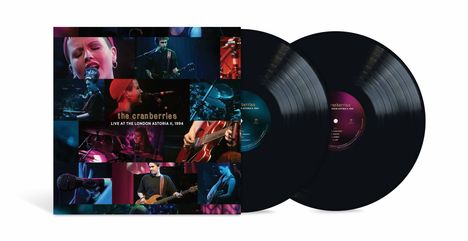 "the cranberries, LIVE AT THE LONDON ASTORIA II, 1994." Collage aus Konzertfotos. Zwei schwarze Vinyl-Schallplatten.