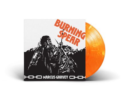 "BURNING SPEAR" in orange; "MARCUS GARVEY" unten. Illustration zweier Figuren, links eine orangefarbene Vinyl-Schallplatte.