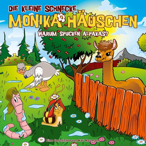 Text: "Die kleine Schnecke Monika Häuschen - Warum spucken Alpakas?" Illustration: Alpaka, Schnecke, Gans in buntem Garten.