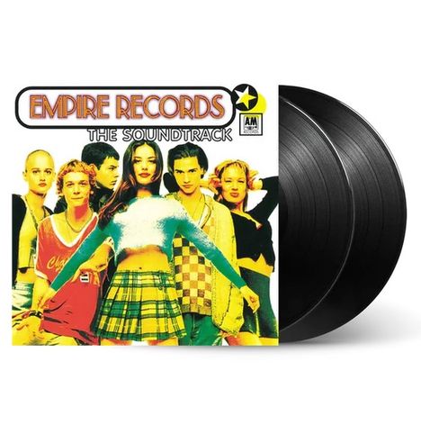 "Empire Records: The Soundtrack". Gruppe junger Leute in bunter Kleidung, zwei Schallplatten rechts.