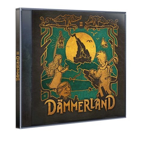 "DÄMMERLAND III" ziert ein kunstvolles Cover mit Figuren, einem mystischen Schloss und einem großen Mond im Hintergrund.