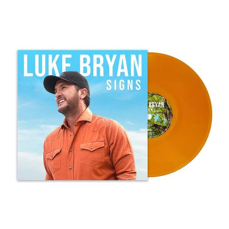 Text: "LUKE BRYAN SIGNS". 
Ein Mann in orangem Hemd und schwarzer Kappe lächelt vor blauem Himmel. Links ein orangener Schallplatte.