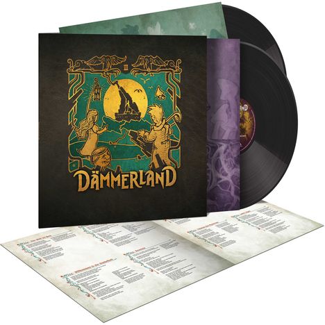 „DÄMMERLAND“ in einem fantasievollen Cover-Design mit Figuren, Märchenelementen und einer Schallplatte.
