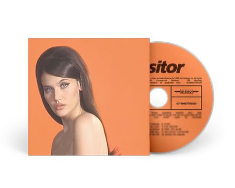 Texte: "Visitor", "STEREO", "00159557765020". Frau mit langem dunklem Haar und neutralem Gesichtsausdruck, oranger Hintergrund.