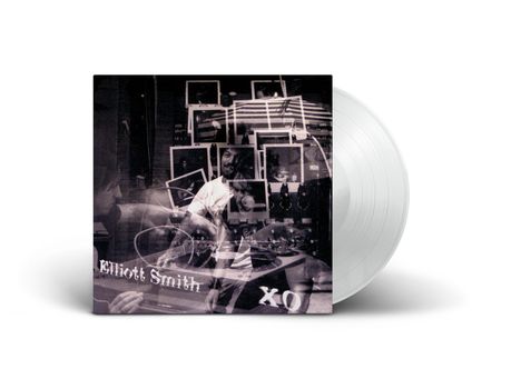 Texte "Elliott Smith" und "XO". Schwarzweiß-Collage mit Polaroid-Bildern und Personen beim Musizieren. Durchsichtige Vinyl-Schallplatte.