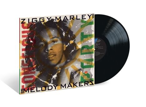 "Ziggy Marley and the Melody Makers" oben, "Conscious Party" links, grüner und gelber Text, Porträt eines Mannes auf Plattencover.