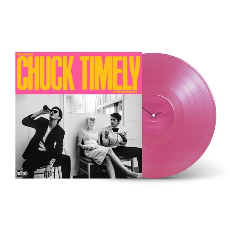 "ROLE MODEL CHUCK TIMELY & THE HOURGLASS" steht auf einem Albumcover in Rosa und Gelb. Pinke Schallplatte daneben.