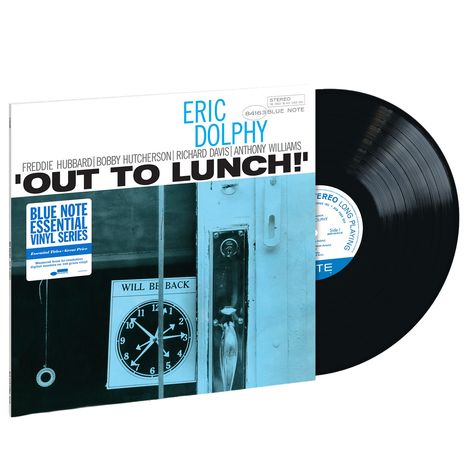 Text: „Eric Dolphy Out to Lunch!“, „Blue Note Essential Vinyl Series“. Cover: Uhr auf 3 Uhr, Türschild „Will Be Back“.