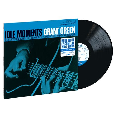 "Idle Moments Grant Green, Blue Note Essential Vinyl Series. Bild einer Hand, die Gitarre spielt, mit Schallplatte."
