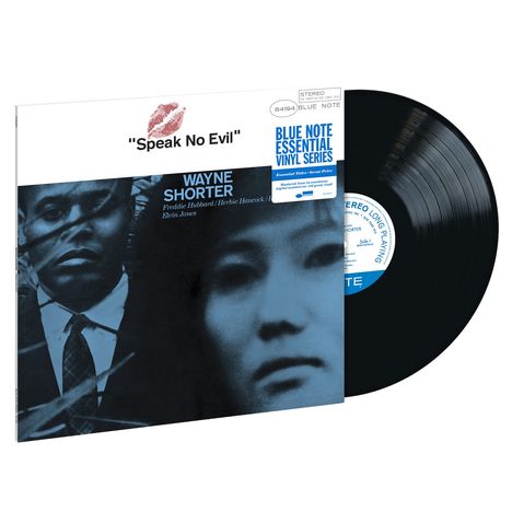 Text: "Speak No Evil, Wayne Shorter, Blue Note Essential Vinyl Series." Schwarz-weißes Albumcover mit zwei Gesichtern.