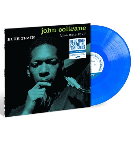 Cover mit den Texten: „john coltrane blue note 1577“, „BLUE TRAIN“. Blaues Vinyl mit Label. Portrait einer Person.