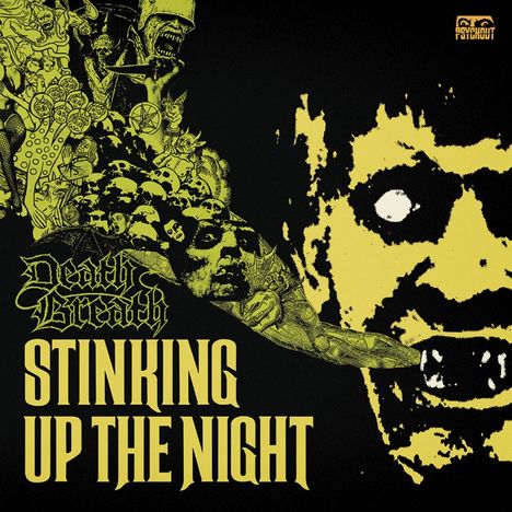 "Stinking Up The Night" und "Death Breath" sind in gelber Schrift. Illustrationen von grotesken Gesichtern und Kreaturen.