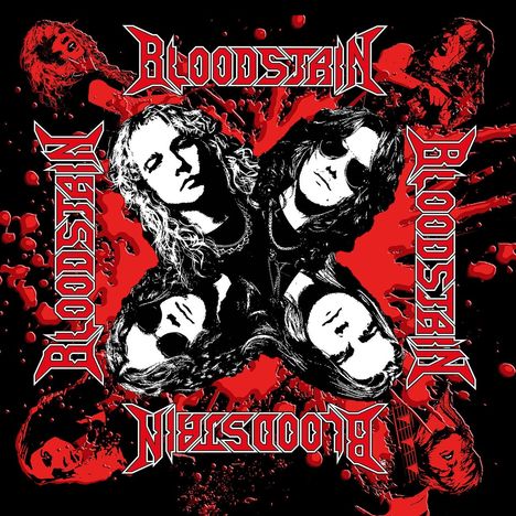 Der Text "BLOODSTAIN" steht mehrmals in roter Schrift. Schwarze Hintergründe mit roten Spritzern und Gesichtern in einem Rock-Stil.
