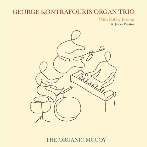 "GEORGE KONTRAFOURIS ORGAN TRIO" im roten Text, stilisierte Illustration eines Trios mit Instrumenten.