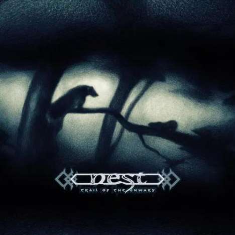 Unten steht: „Nest - Trail of the Unwary“. Silhouette eines Tieres auf einem Ast in einer dunklen, verträumten Stimmung.