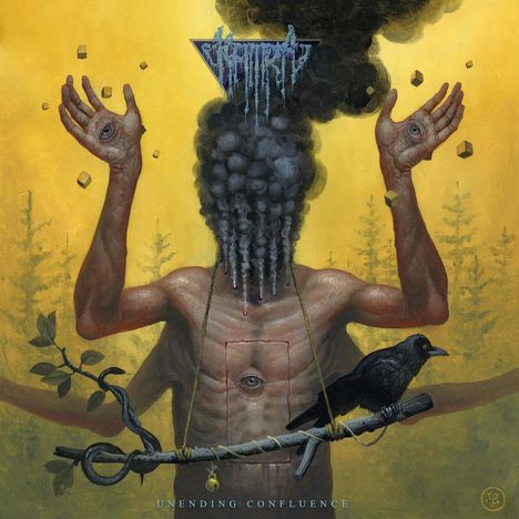 Texte: "Unending Confluence". Illustration: Mensch mit Rauch als Kopf, Augen in Händen, Krähe auf Ast. Mystische Stimmung.