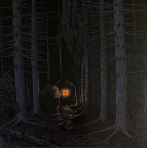 Illustration eines dunklen Waldes mit einer kleinen Hütte, deren Fenster warm leuchtet.