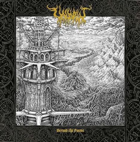 "Urzeit" oben, "Beyond the Forest" unten. Eine detaillierte schwarz-weiße Illustration eines Turms in einer bewaldeten Landschaft.