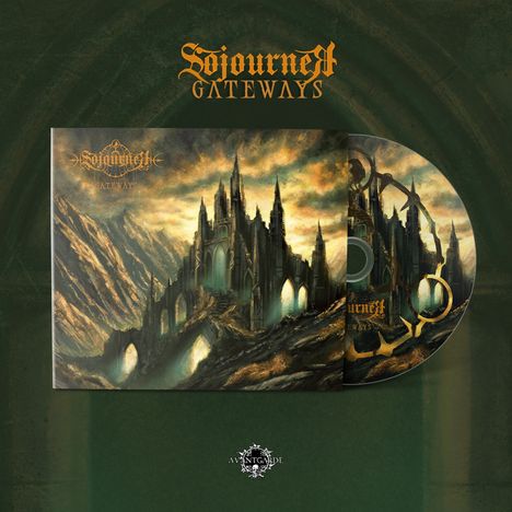 „Sojourner, Gateways“. Eine düstere Landschaft mit einem gotischen Schloss, das von dramatischen Wolken umgeben ist.