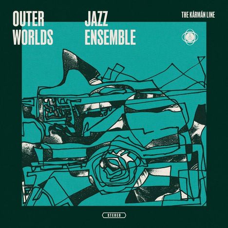 „OUTER WORLDS JAZZ ENSEMBLE“, „THE KÁRMÁN LINE“. Abstrakte Illustration mit Linien und Formen in Grün und Schwarz.