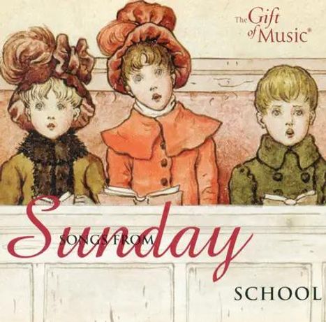 "The Gift of Music", "Songs from Sunday School". Drei Kinder in viktorianischer Kleidung, singend mit offenen Büchern.