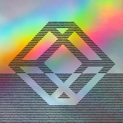 Kein Text vorhanden. Ein geometrisches Logo mit farbigem Regenbogen-Hintergrund und schwarzen Streifen.