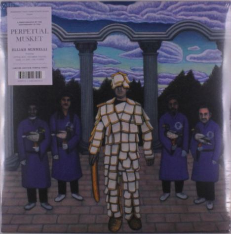 Text: "Perpetual Musket" von Elijah Minnelli.  
Illustration: Vier Männer in lila Roben, einer in Toast-Verkleidung.