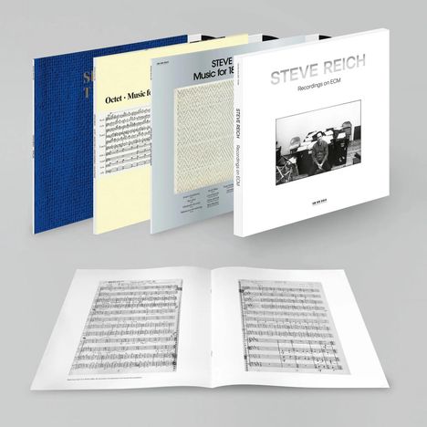 "STEVE REICH Recordings on ECM." Fünf Schallplattenhüllen, helles und farbiges Design, teils mit Notenblättern.