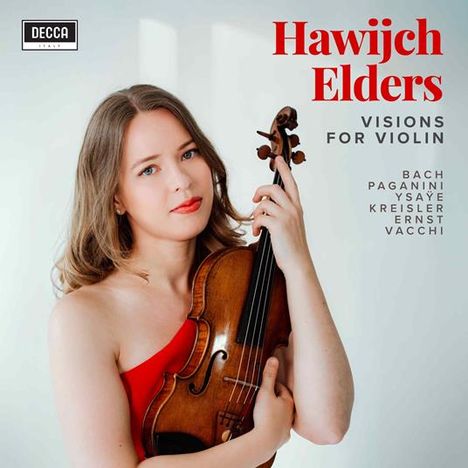 „Hawijch Elders, Visions for Violin; Bach, Paganini, Ysaÿe, Kreisler, Ernst, Vacchi.“ Frau in rotem Kleid mit Geige.