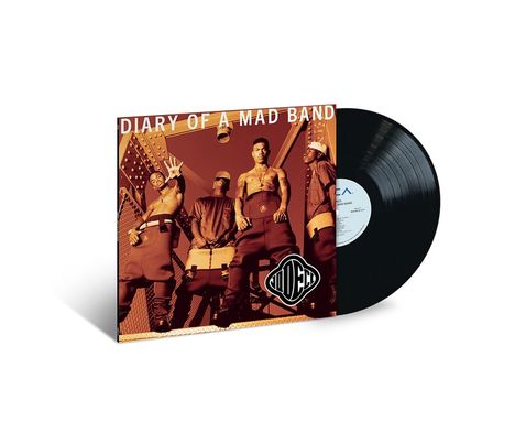 Text: "Diary of a Mad Band". Ein Schallplattencover mit vier Personen in lässiger Pose. Logo unten rechts.
