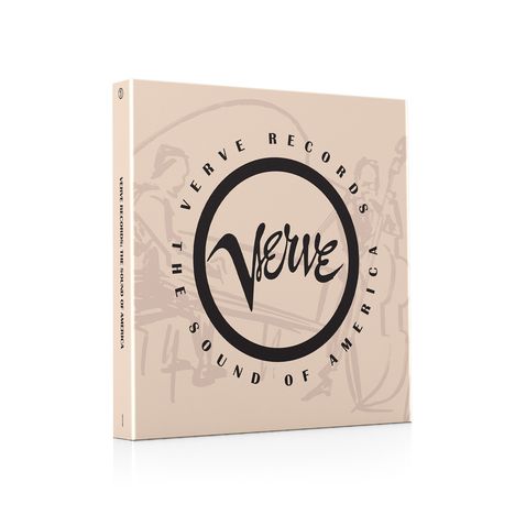 "Verve Records: The Sound of America" in schwarzem Kreis, beige Hintergrund mit schemenhaften Musikerzeichnungen.