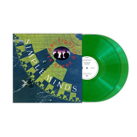 „Street fighting years“, „Simple Minds“ auf grünem Vinyl und Cover mit Stadtsilhouette und Schattensilhouetten.