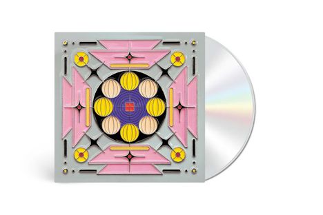 Ein CD-Cover mit geometrischem Design: Rosa, gelbe, blaue Formen und konzentrische Muster auf grauem Hintergrund.