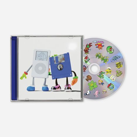 Eine Illustration zeigt eine Diskette und einen MP3-Player mit Armen und Beinen, daneben eine CD mit bunten Cartoon-Figuren.