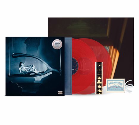 Conan Gray: "Wishbone Deluxe" in Weiß. Rotes Vinyl, blauer Hintergrund, schwebende Figur, Filmband und Karte.
