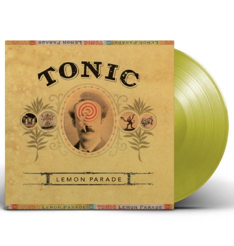 Aufschrift: "Tonic", "Lemon Parade". Alte Portrait-Illustration mit Spirale über einer Person und floralen Mustern.