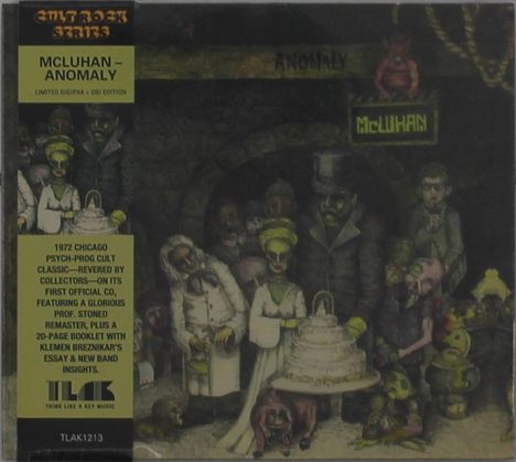 Text: "MCUHLAN - ANOMALY", "ANOMALY", "1972 CHICAGO PSYCH-PROG...", "TLAK". Illustration: Skurrile Figuren bei Feier.