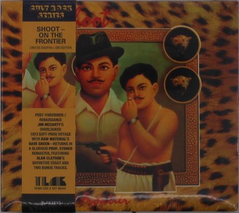 "Shoot – On the Frontier. Kultrock-Serie. Illustration: Zwei Männer, einer mit Hut und Pistole. Leopardenmuster im Hintergrund."