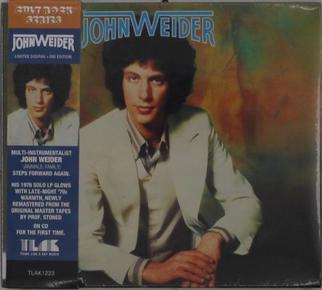 Texts: "Cult Rock Series", "John Weider", "Multi-Instrumentalist John Weider steps forward again." Ein Mann im Anzug sitzt entspannt.