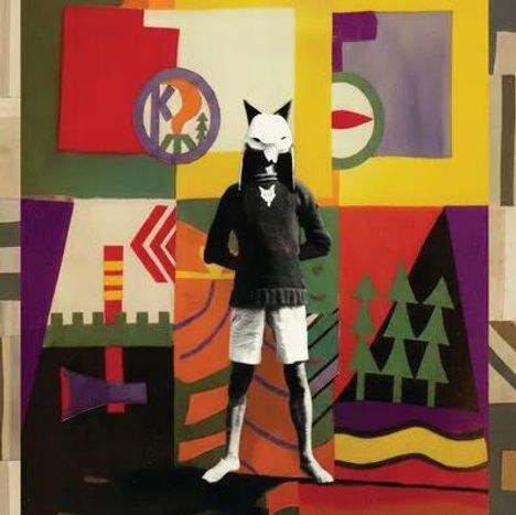 Illustration mit geometrischen Mustern, Figur mit Wolfmaske im Vordergrund, bunte Formen und Symbole im Hintergrund.