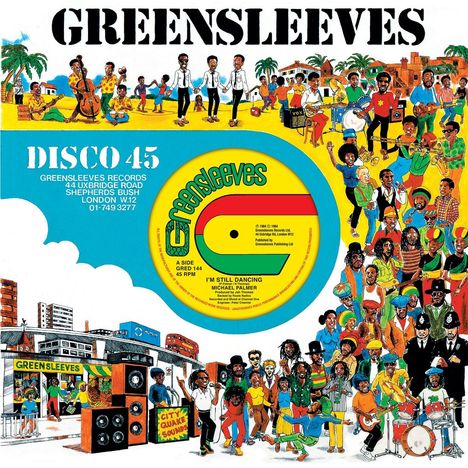 "Greensleeves", "DISCO 45", "I'm Still Dancing", farbenfrohe Illustration: Menschen feiern und musizieren in einer urbanen Szene.
